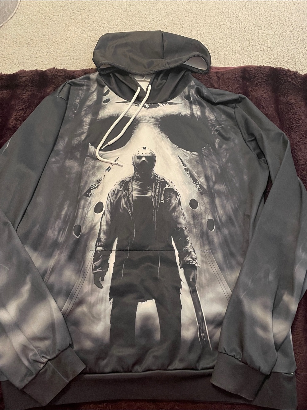 Gray Graphic Hoodie with Masked Figure